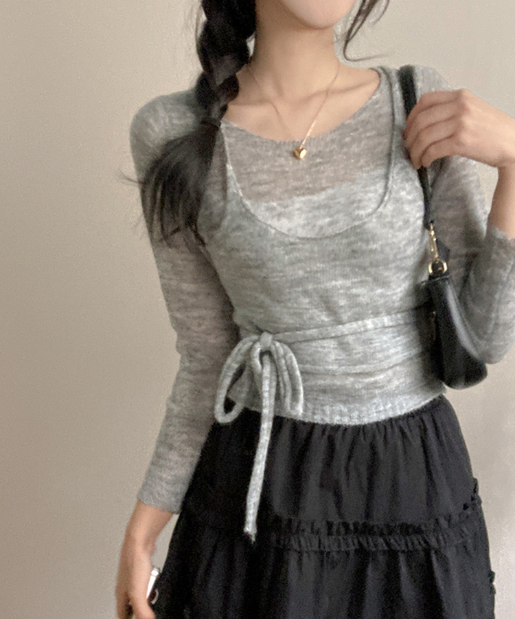 뷔스티에 레이어드 로프 허리끈 니트 그레이