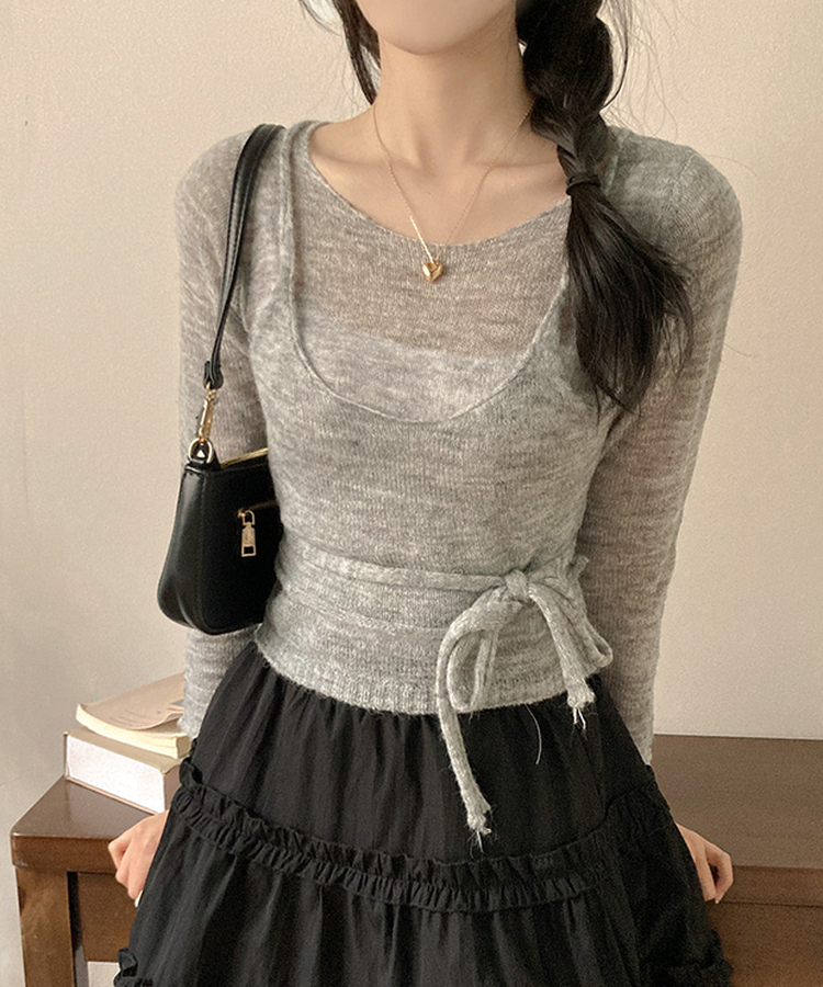 뷔스티에 레이어드 로프 허리끈 니트 그레이