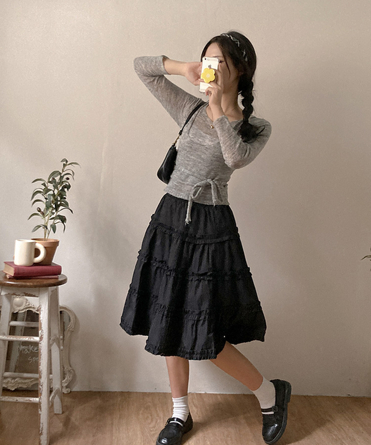 뷔스티에 레이어드 로프 허리끈 니트 그레이