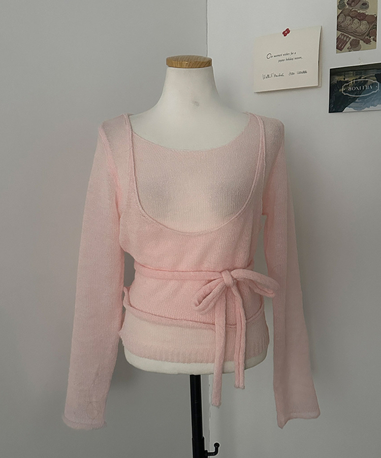 뷔스티에 레이어드 로프 허리끈 니트