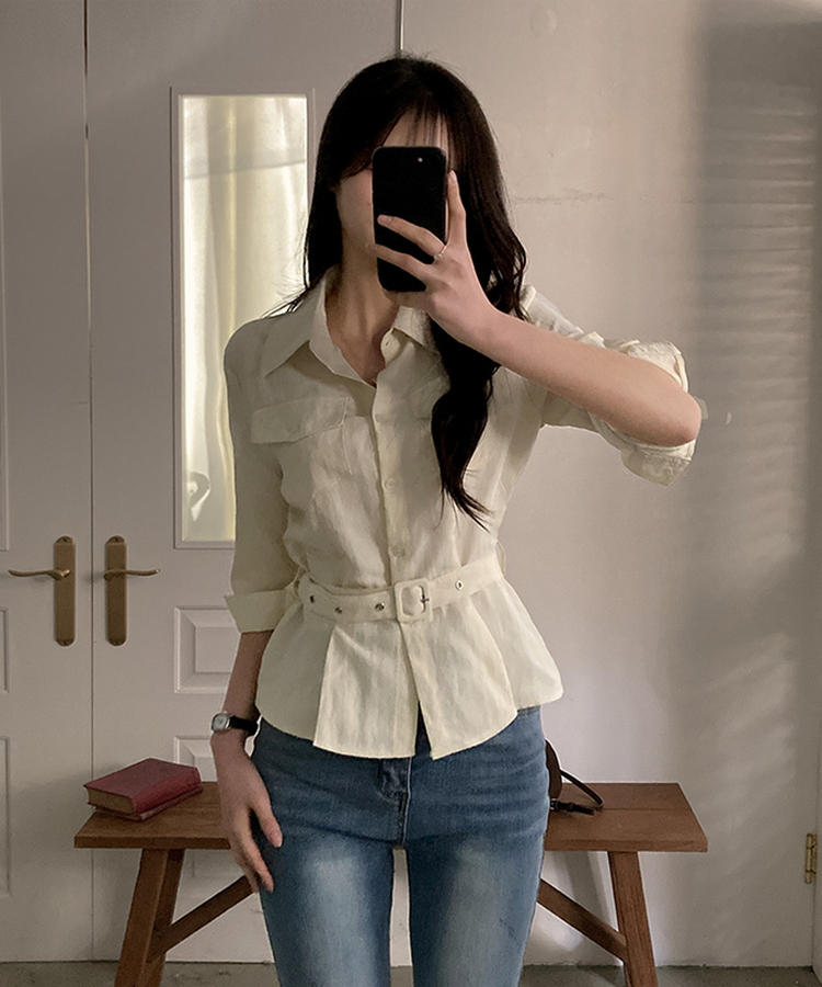 【ベルト付き】ベルトポケットシャツブラウス BEIGE