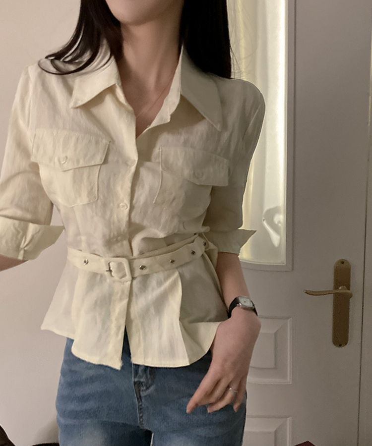【ベルト付き】ベルトポケットシャツブラウス BEIGE