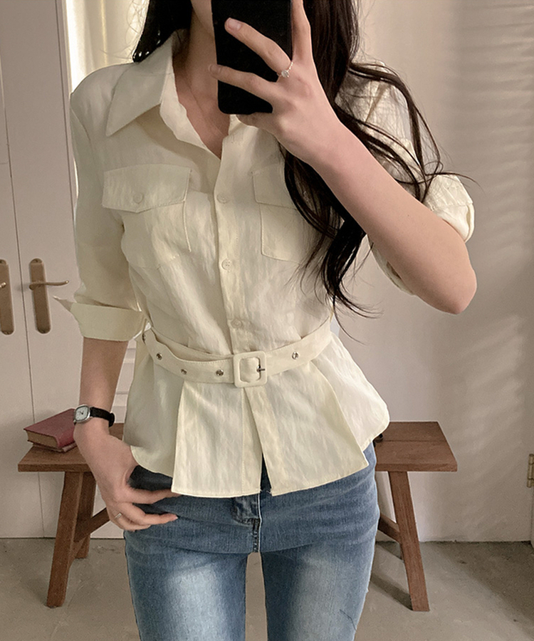 【ベルト付き】ベルトポケットシャツブラウス BEIGE