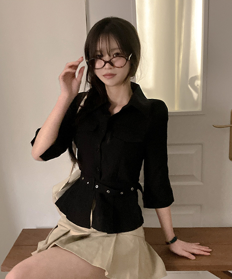 【ベルト付き】ベルトポケットシャツブラウス BLACK