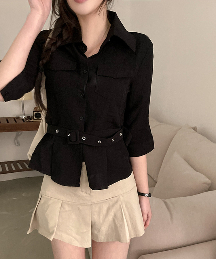 【ベルト付き】ベルトポケットシャツブラウス BLACK