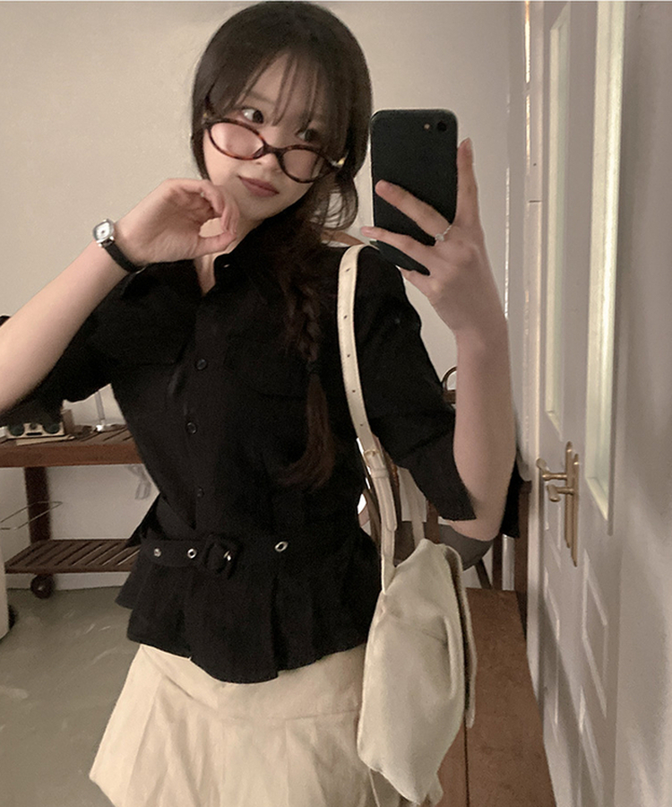 【ベルト付き】ベルトポケットシャツブラウス BLACK