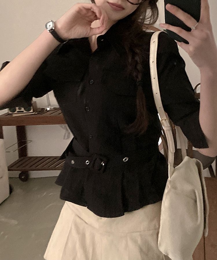 【ベルト付き】ベルトポケットシャツブラウス BLACK