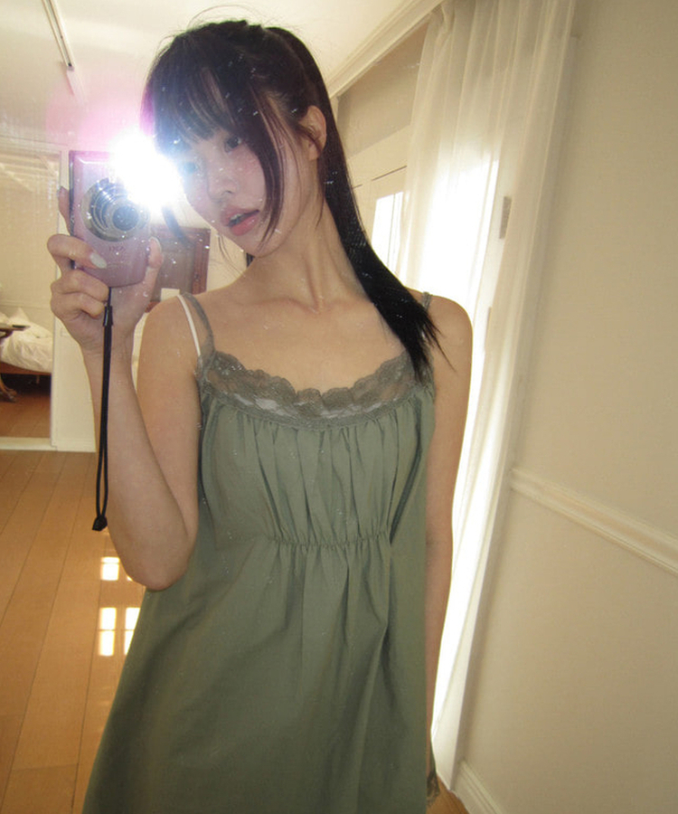 レースロングレイヤードキャミソール KHAKI