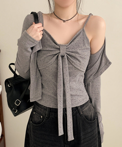 【SET】ドットリボンキャミソール＋カーディガン(5color) GREY