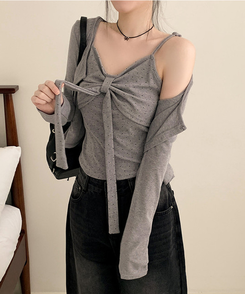 【SET】ドットリボンキャミソール＋カーディガン(5color) GREY