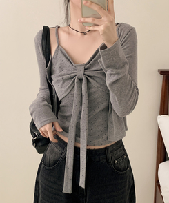 【SET】ドットリボンキャミソール＋カーディガン(5color) GREY