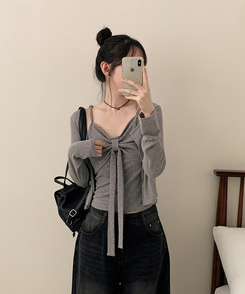 【SET】ドットリボンキャミソール＋カーディガン(5color) GREY