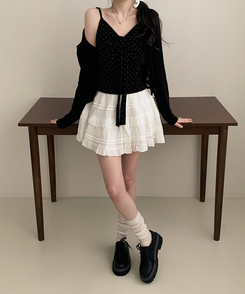 【SET】ドットリボンキャミソール＋カーディガン(5color) BLACK