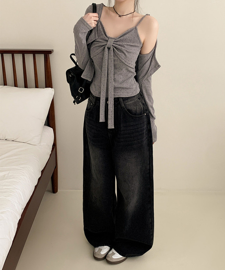 【SET】ドットリボンキャミソール＋カーディガン(5color) GREY