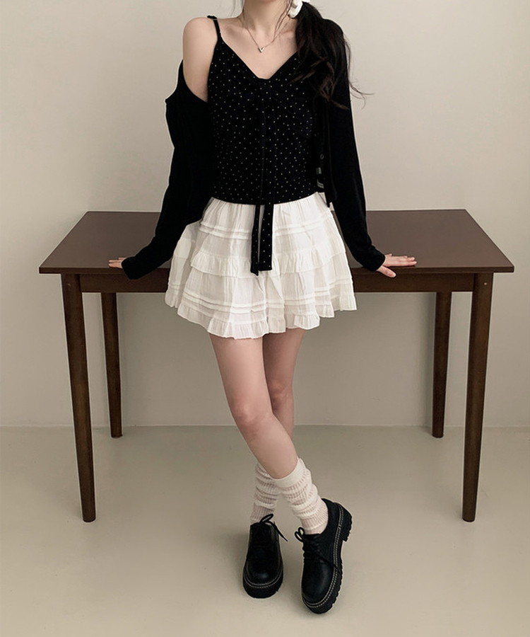 【SET】ドットリボンキャミソール＋カーディガン(5color) BLACK