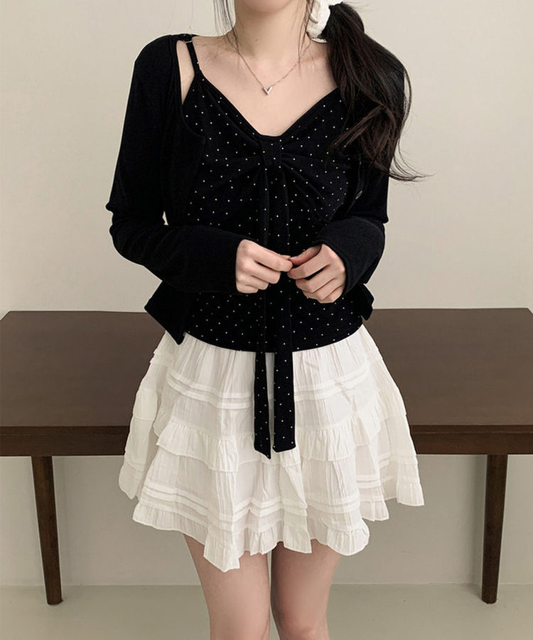 【SET】ドットリボンキャミソール＋カーディガン(5color) BLACK