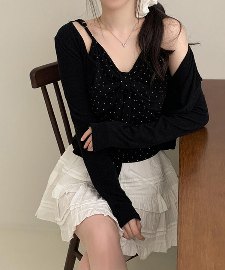 【SET】ドットリボンキャミソール＋カーディガン(5color) BLACK