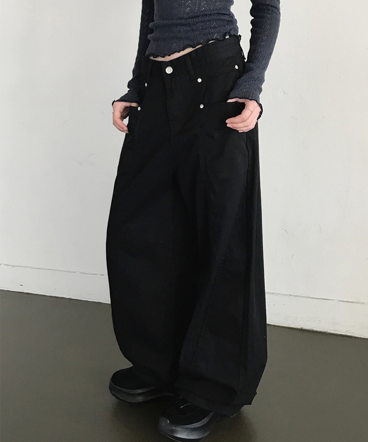 スリットコットンワイドパンツ BLACK