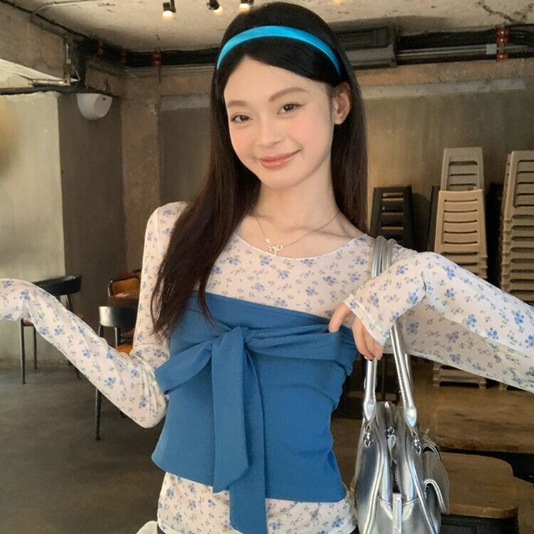 【SET着用可能】小花シースルートップ BLUE