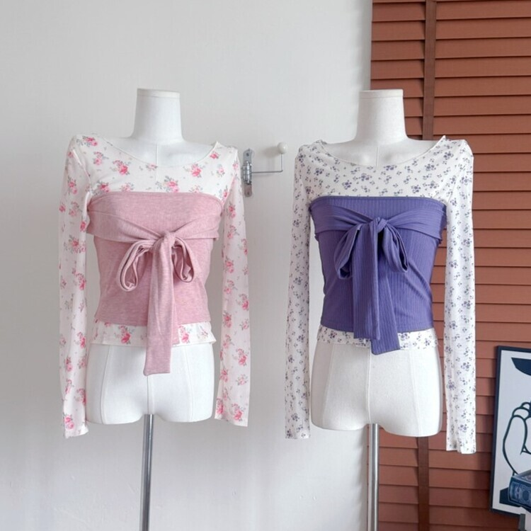 【SET着用可能】小花シースルートップ