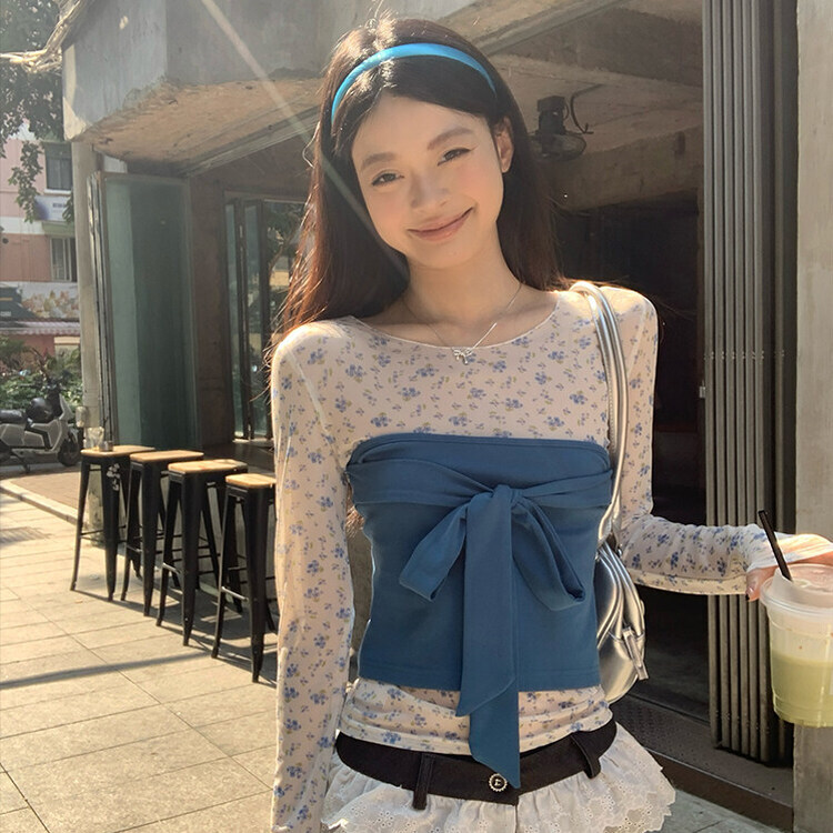 【SET着用可能】小花シースルートップ BLUE