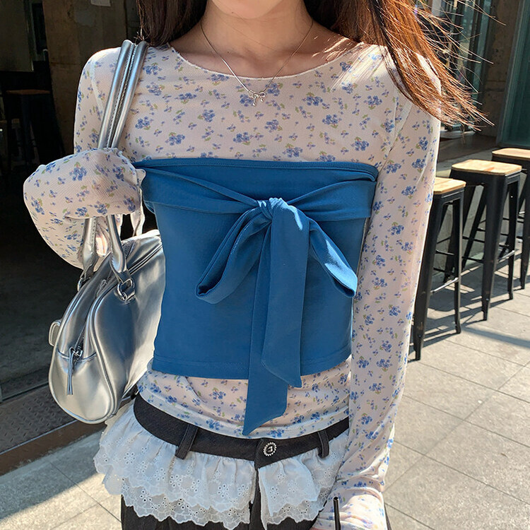 【SET着用可能】小花シースルートップ BLUE