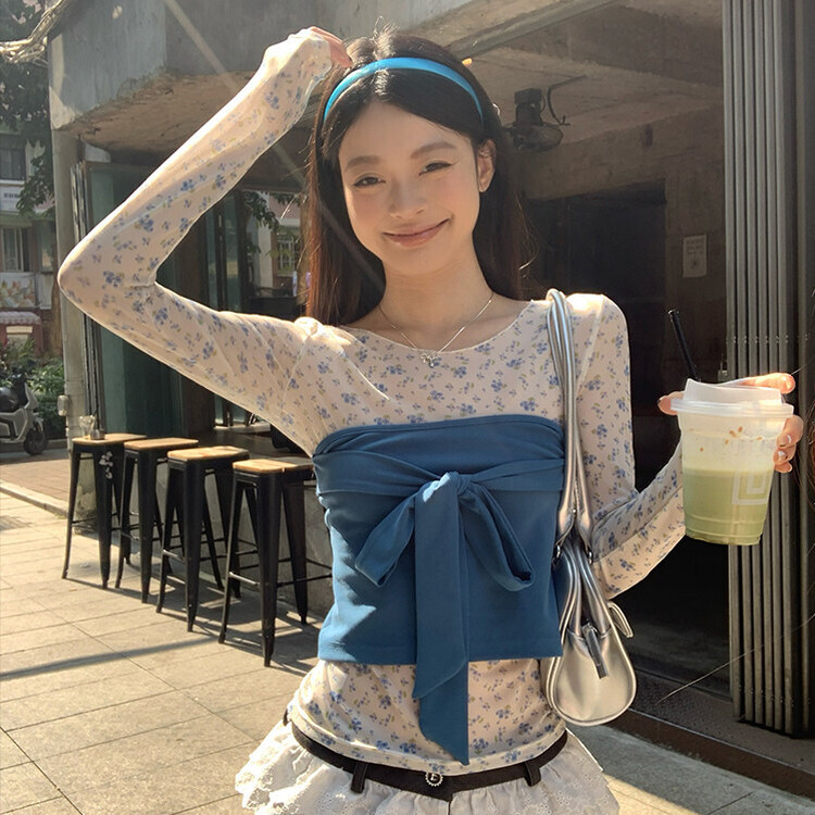 【SET着用可能】小花シースルートップ BLUE