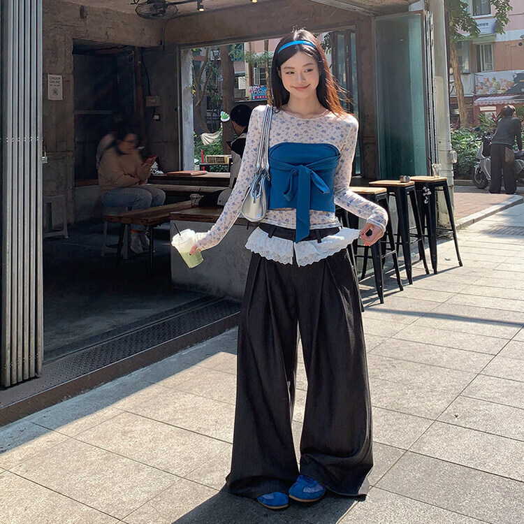 【SET着用可能】小花シースルートップ BLUE