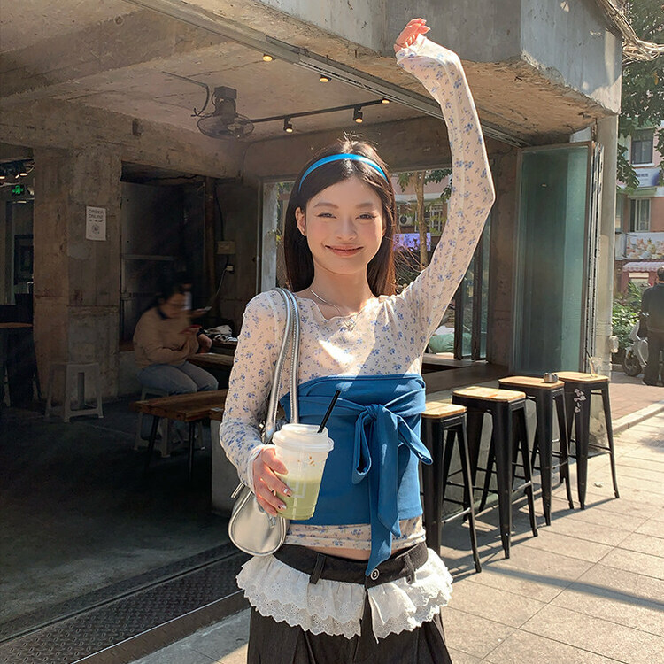 【SET着用可能】小花シースルートップ BLUE