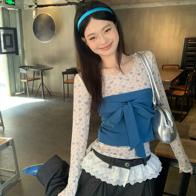 【SET着用可能】小花シースルートップ BLUE