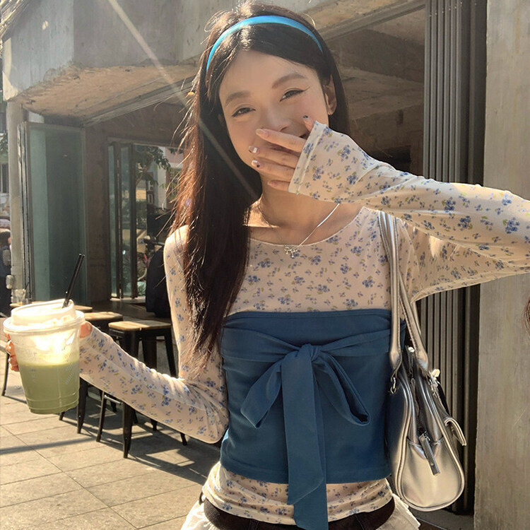 【SET着用可能】小花シースルートップ BLUE