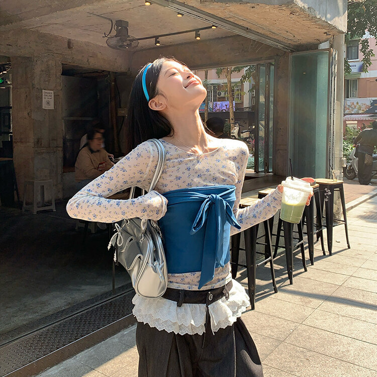 【SET着用可能】小花シースルートップ BLUE