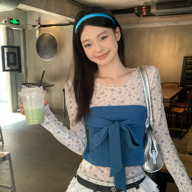 【SET着用可能】小花シースルートップ BLUE