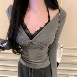 ホルターネックレースTシャツ GREY