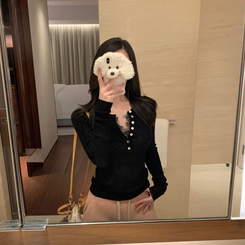 夏ニット、ボタンレースポイント BLACK