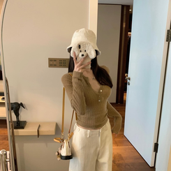 夏ニット、ボタンレースポイント BEIGE