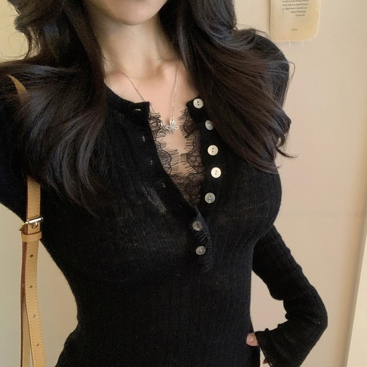 夏ニット、ボタンレースポイント BLACK