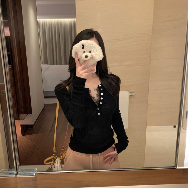 夏ニット、ボタンレースポイント BLACK