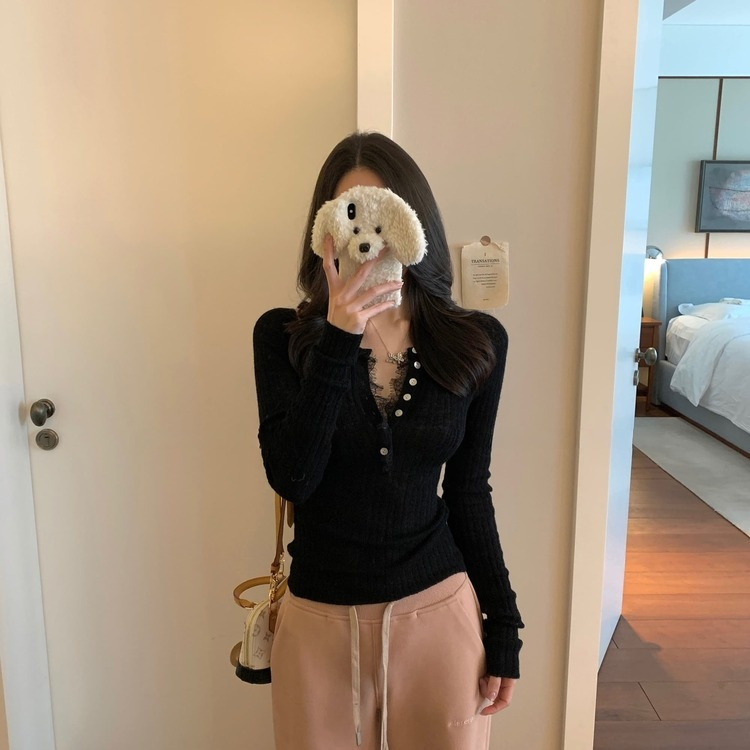 夏ニット、ボタンレースポイント BLACK