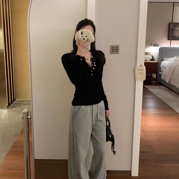 夏ニット、ボタンレースポイント BLACK