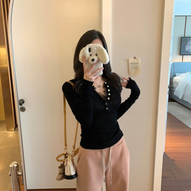 夏ニット、ボタンレースポイント BLACK