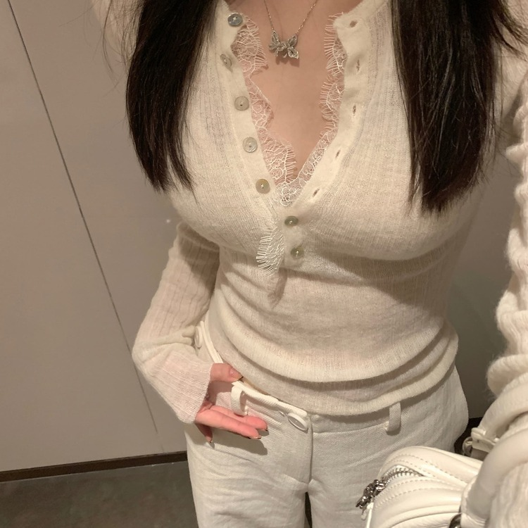夏ニット、ボタンレースポイント WHITE