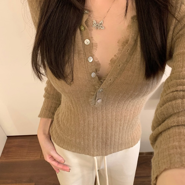 夏ニット、ボタンレースポイント BEIGE