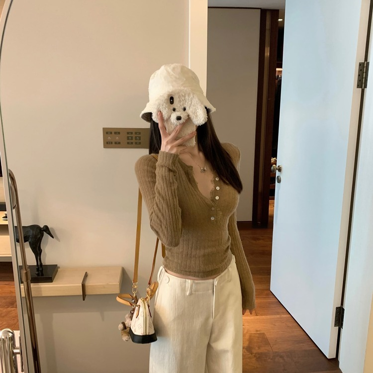 夏ニット、ボタンレースポイント BEIGE