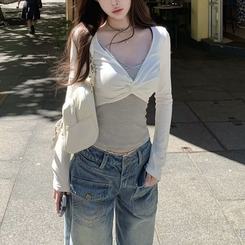 三つ編みのボレロの長袖シャツ WHITE