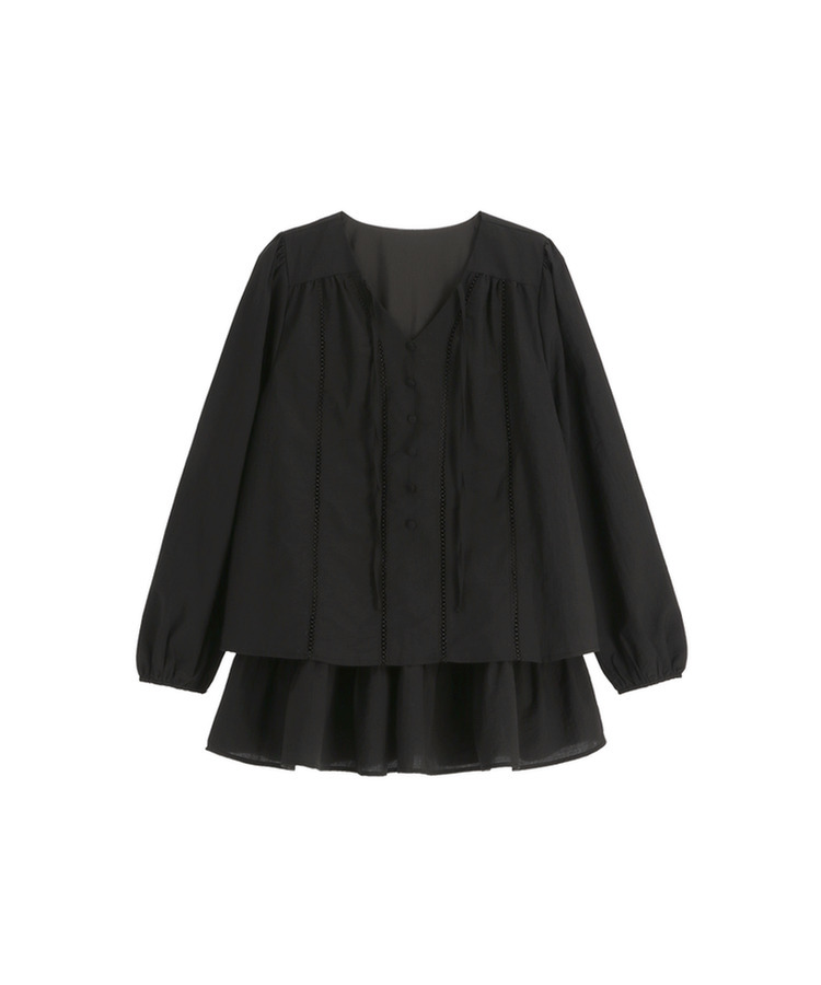 （フェミニンムード／パンツ裏地／SET♥）レースブラウス ティアードミニスカート ツーピースセット