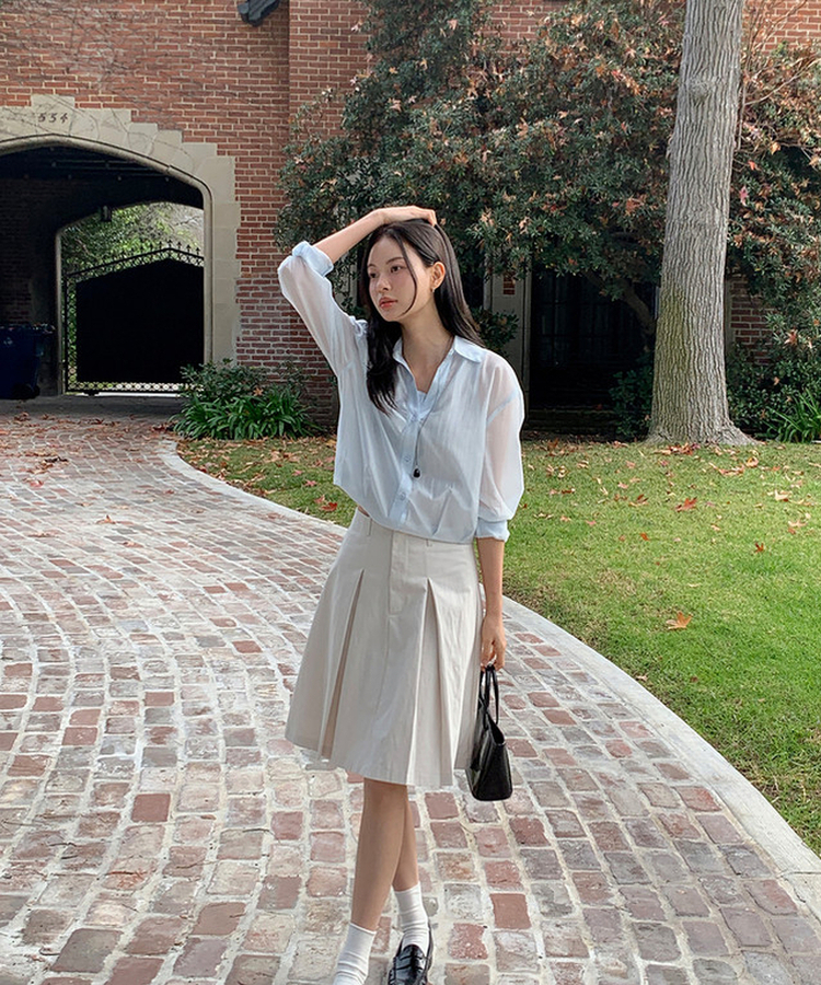 【SET】シースルーシャツブラウス＋キャミソール SKYBLUE