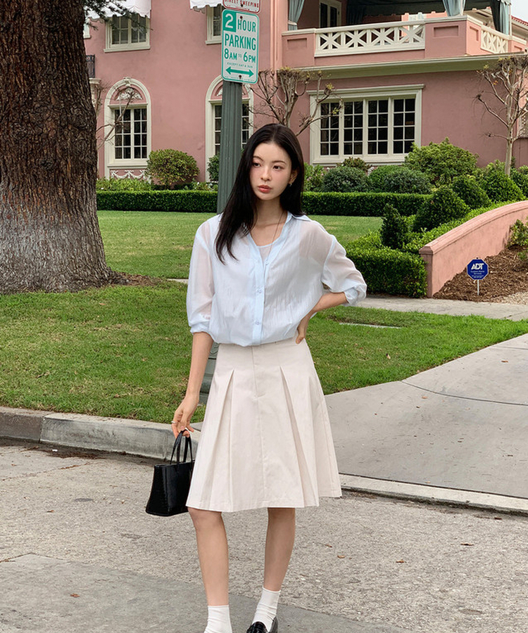 【SET】シースルーシャツブラウス＋キャミソール SKYBLUE