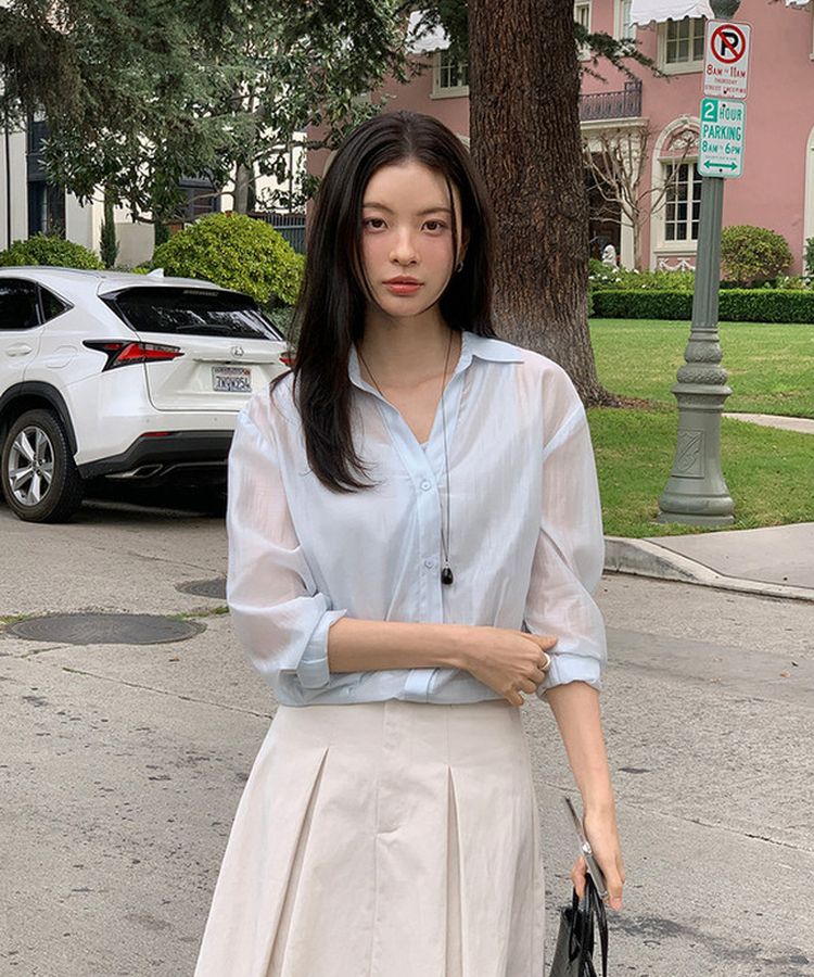 【SET】シースルーシャツブラウス＋キャミソール SKYBLUE