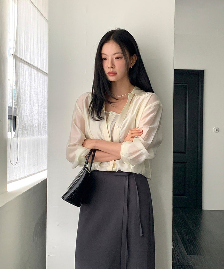 【SET】シースルーシャツブラウス＋キャミソール CREAM